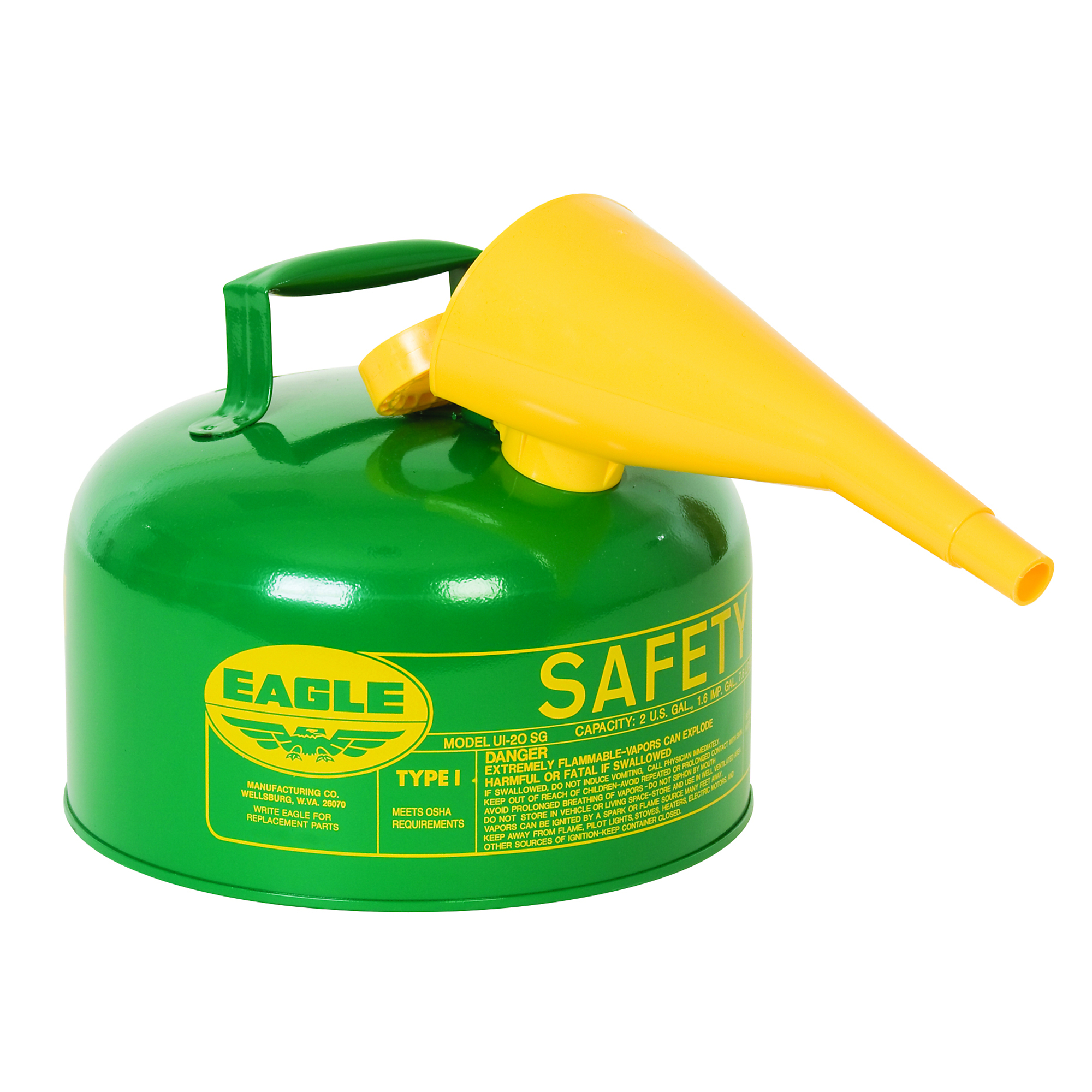 Eagle Type I Safety Can for Combustibles — 2 Gallon, Flame Arrester, Funnel, Green, Model# UI20FSG